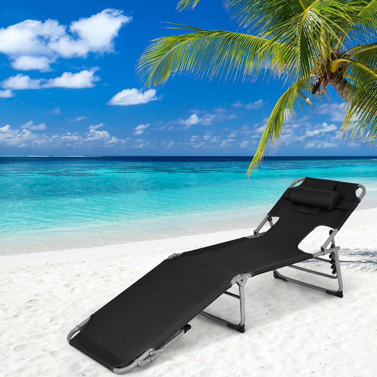 Goplus Outdoor Beach Lounge Chair Folding Chaise Lounge with Pillow Blue\Blue&Green\Black\Grey\Turquoise\Pink\Beige\Light Pink